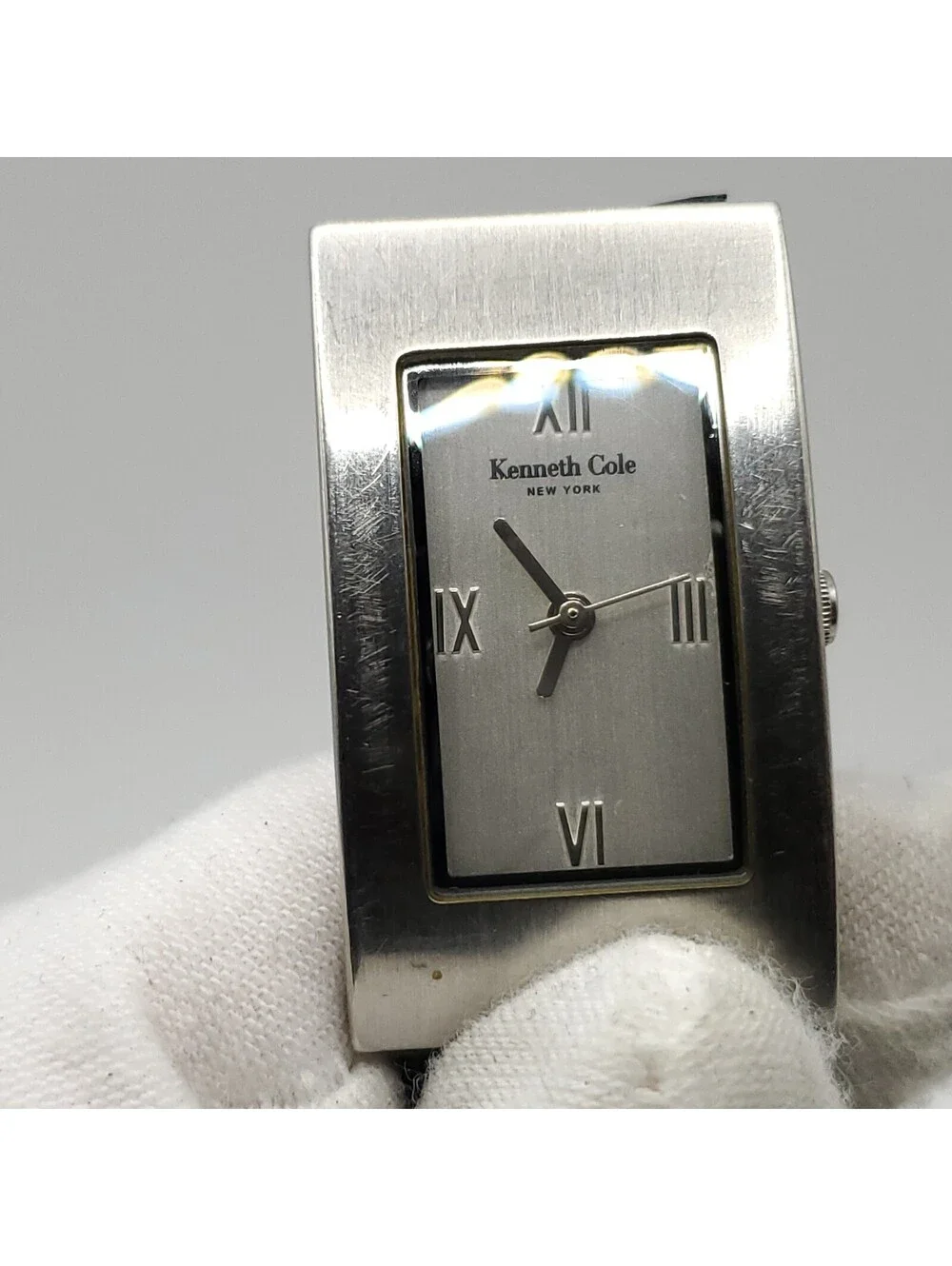 Kenneth Cole New York 20mm Womens Rectangle Quartz Watch Silver Tone New Battery
